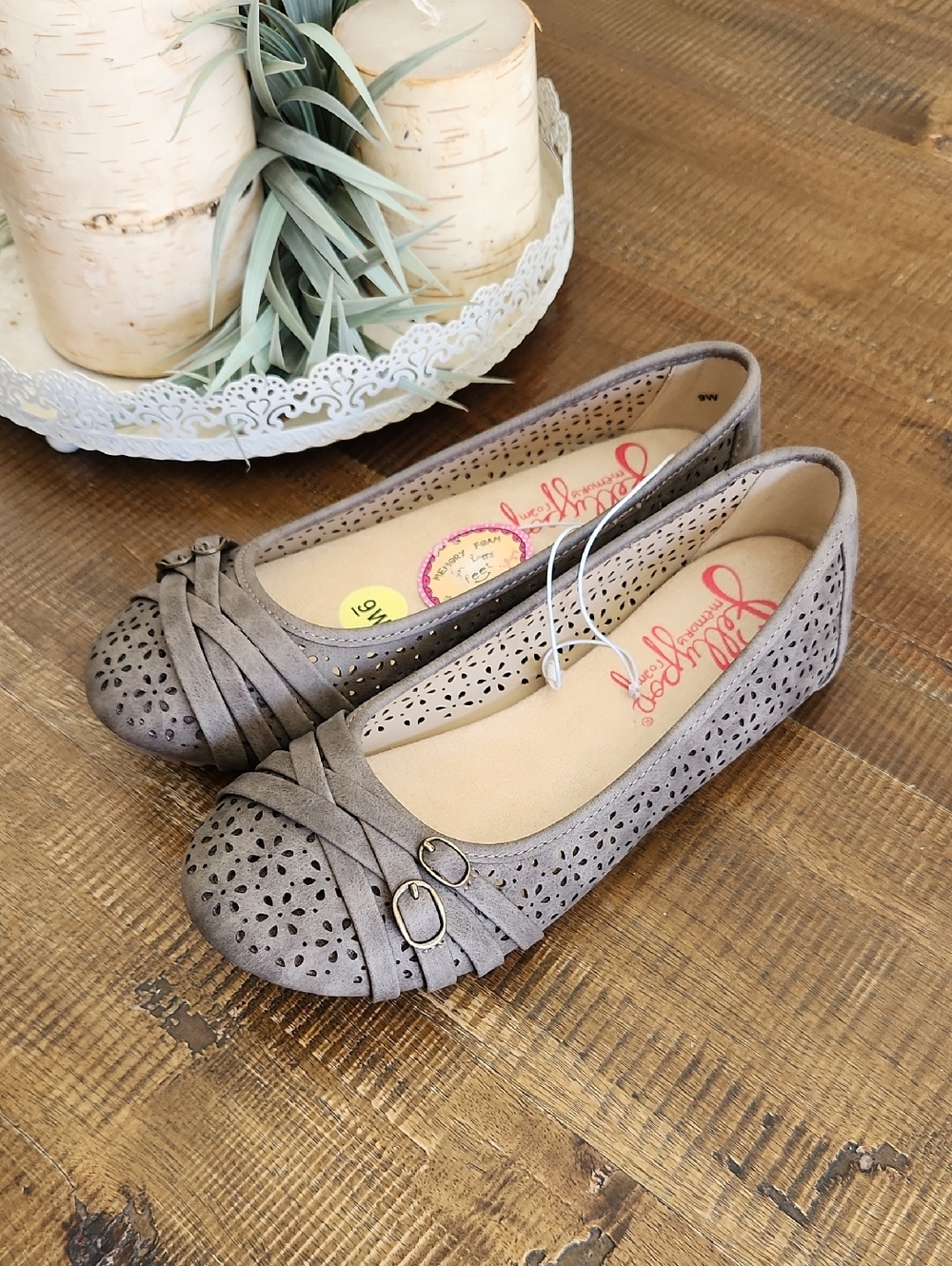 Jelly Pop Memory Foam Beaded Heart Taupe Women's Ballet Flats Sz 9W